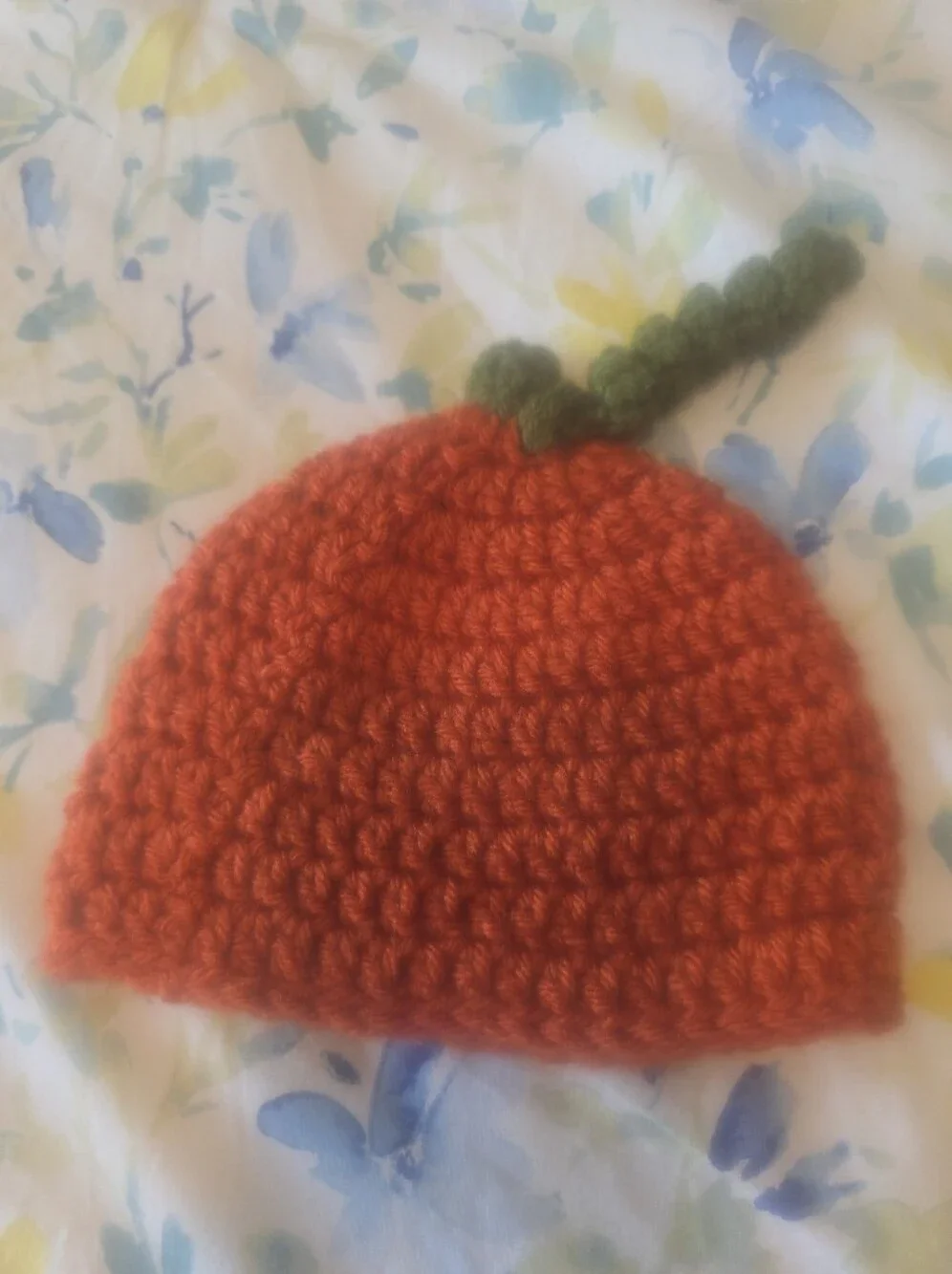 Handmade Crochet Newborn Pumpkin Beanie - Orange with Green Stem